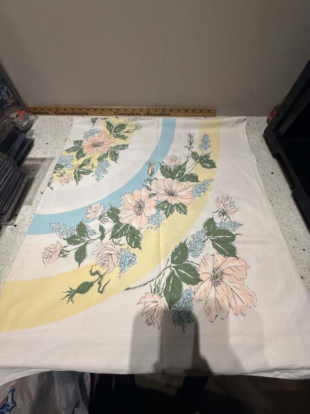 Vintage Tablecloth Pink Yellow Blue Floral Print White Cotton 44x48